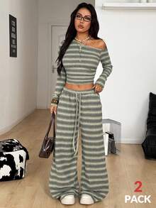 Coolane Casual Sets For Women Spring/Summer Streetwear Casual Going Out Y2K Daily Wear Green Striped Stretchy Long Sleeve Off The Shoulder T-Shirt And Wide Leg Sweatpants,2pcs - Multicolor - View 4