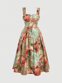 SHEIN MOD Vintage Kleid mit quadratischem Kragen und Puffärmeln in Große Größen, romantisches Kleid mit Ölgemälde-Blume Muster, elegantes Partykleid - Verschiedenfarbig - Übersicht 5