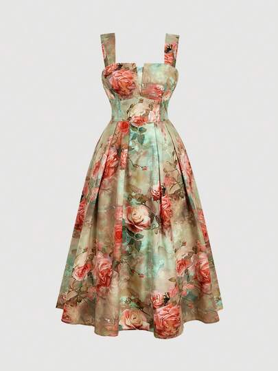 SHEIN MOD 大码复古方领泡泡袖连衣裙，油画花卉印花浪漫连衣裙，优雅派对礼服