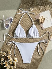 Swim Vcay Bộ bikini hai mảnh màu trơn buộc dây bên hông dành cho nữ, kiểu cổ yếm, cúp ngực tam giác, thích hợp mặc đi biển mùa hè. - trắng - Xem 2