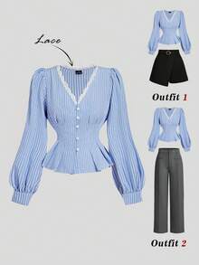 SHEIN MOD 女士撞色蕾丝纽扣设计条纹灯笼袖衬衫