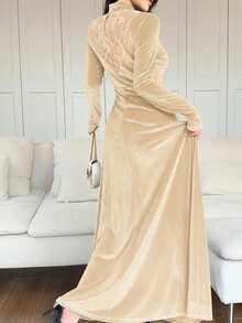 Feyla 女士撞色蕾丝立领长袖褶皱优雅连衣裙长款晚礼服 - 杏色 - 查看 2