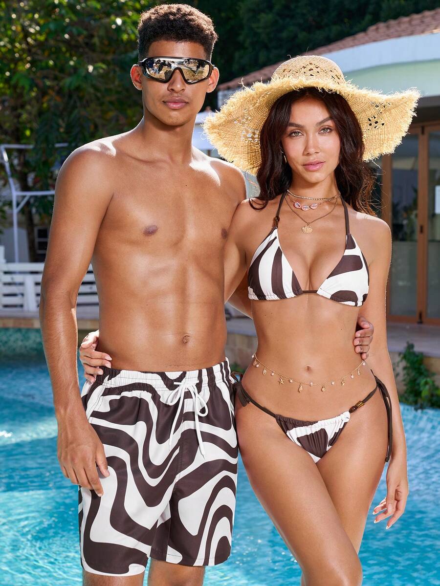 Manfinity VDAYZ 男士夏季度假印花抽绳腰带沙滩短裤 - 咖啡棕 - 查看 1