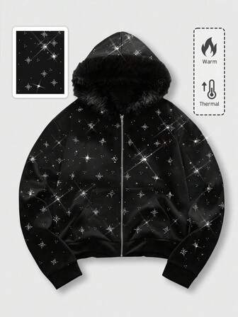 Felpa con cappuccio e chiusura lampo unisex per coppie, con decorazioni in strass