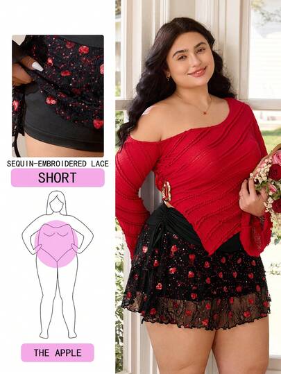 Solflare 2026 Spring/Summer Valentine's Day New Arrival Casual Outing Daily Wear Party Date Birthday Versatile Shiny Sequin Red Heart Lace Embroidery Fabric Short Lining Faux Peek-A-Boo Black Plus Size Mini Skirt