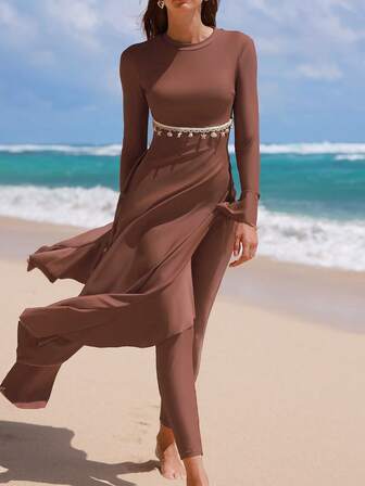  Conjunto de 2 piezas Swim Shayni para mujer con vestido de cuello alto de manga larga con volantes y cadena en la cintura, y pantalones acampanados, decoración de océano, adecuado para playa, crucero, vacaciones, traje de baño