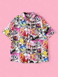 THE POWERPUFF GIRLS X SHEIN Chemise d'été décontractée grande taille à imprimé tout-sur-tout avec boutons devant et manches courtes - Multicolore - Voir 1