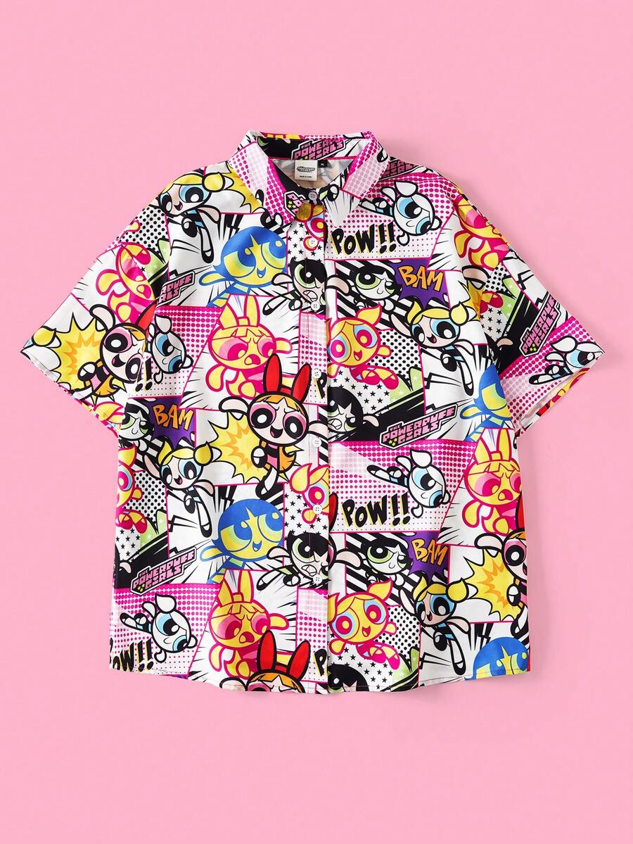 THE POWERPUFF GIRLS X SHEIN Chemise d'été décontractée grande taille à imprimé tout-sur-tout avec boutons devant et manches courtes - Multicolore - Voir 1
