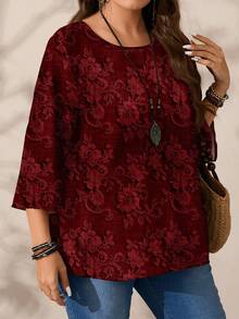 EMERY ROSE Plus Size Women Casual All-Over Print Round Neck Loose 3/4 Sleeve Shirt, Autumn/Winter Valentine's Day - Burgundy - View 5