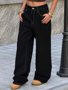 Muchica Denim Casuais Femininos de Perna Larga e Solta com Estampa de Letra - Preto - Visão 5