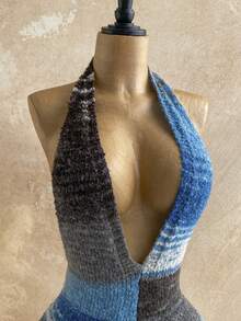 Soleia Bộ áo liền quần dệt kim cổ chữ V sâu, phối màu tương phản, gợi cảm dành cho nữ - Nhiều màu - Xem 3