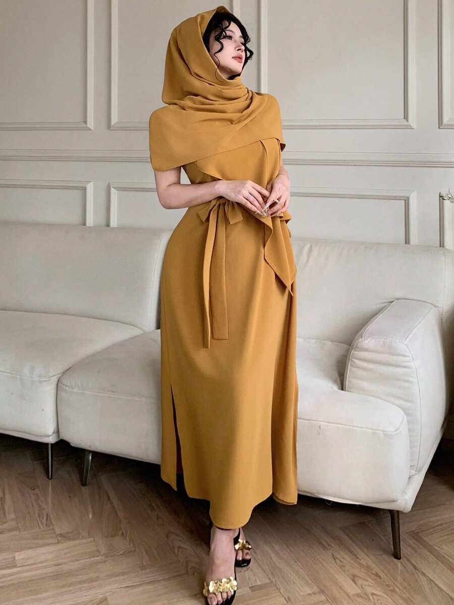 DAZY Bộ 2 món váy không tay màu trơn thanh lịch dành cho nữ, kiểu dáng bất đối xứng và áo khoác ngoài, thích hợp cho mùa xuân/hè, váy dự tiệc cưới cho nữ. - Màu vàng - Xem 1