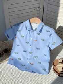 SHEIN 1 chiếc áo thun ngắn tay thoải mái, phong cách, đơn giản, đa năng, mềm mại, mát mẻ, họa tiết hoạt hình xe hơi dễ thương dành cho bé trai, thích hợp cho mùa xuân/hè. - Màu xanh lam - Xem 4