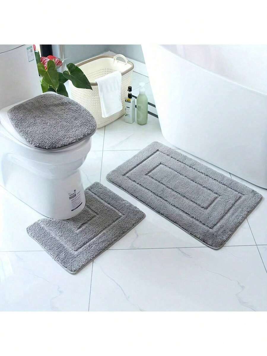 3pcs Bathroom Mat Set - Absorbent Non-Slip U-Shaped Toilet Mat, Toilet Lid Cover, Machine Washable & Quick Dry Bathroom Rug Home Bathroom Decor Floor Carpet Outdoor Rug Door Mat Fall Decor Bathroom Accessories Back To School Entryway Decor - Multicolor - View 1