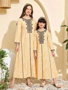 Teen GirlMiddle Eastern Style Printed Dress, Gold Patterned With Black Lace Print, Suitable For Spring/Autumn Everyday Wear - Yellow - View 1