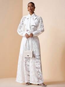 Zivah 2025秋季新款音乐节蕾丝拼接系领优雅长袖上衣和裤子套装 - 白色 - 查看 6