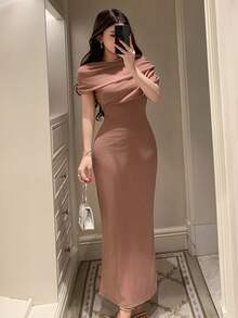 DAZY 女士优雅纯色不对称褶皱长连衣裙，夏季婚礼宾客礼服 - 橘色 - 查看 3