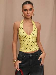 SHEIN BAE 波点印花休闲露背吊带上衣，适合早午餐、外出、约会、通勤、邮轮旅行、伊比沙岛等场合。 - 黃色 - 查看 3