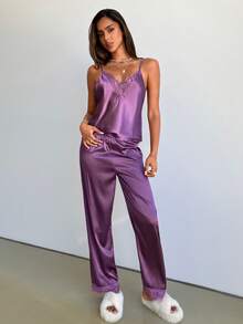 Aloruh Women's Solid Color Lace Patchwork Cami Top & Pants Pajama Set - Purple - View 5