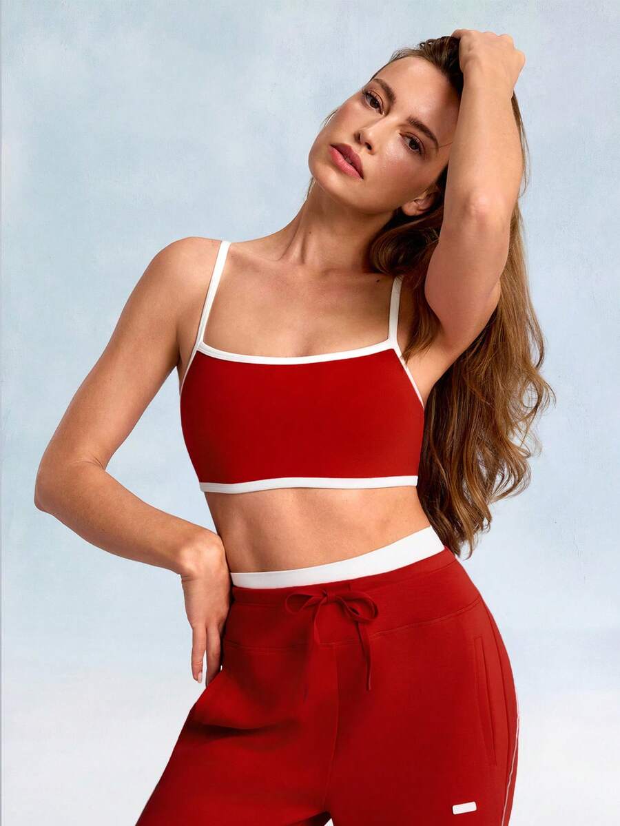 GLOWMODE Áo ngực thể thao FeatherFit™ Big Win với mút ngực có thể tháo rời, viền màu tương phản, hỗ trợ tập luyện nhẹ nhàng, phù hợp cho yoga và mặc hàng ngày. - Đỏ - Xem 1