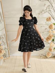 女童蝴蝶结数码印花短袖连衣裙，泡泡袖少女连衣裙，露背蝴蝶结设计，时尚甜美复古优雅公主裙 - 黑色 - 查看 2
