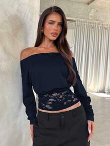 Aloruh Women's Contrast Lace Oblique Shoulder Long Sleeve Fashionable Elegant T-Shirt - Navy Blue - View 2