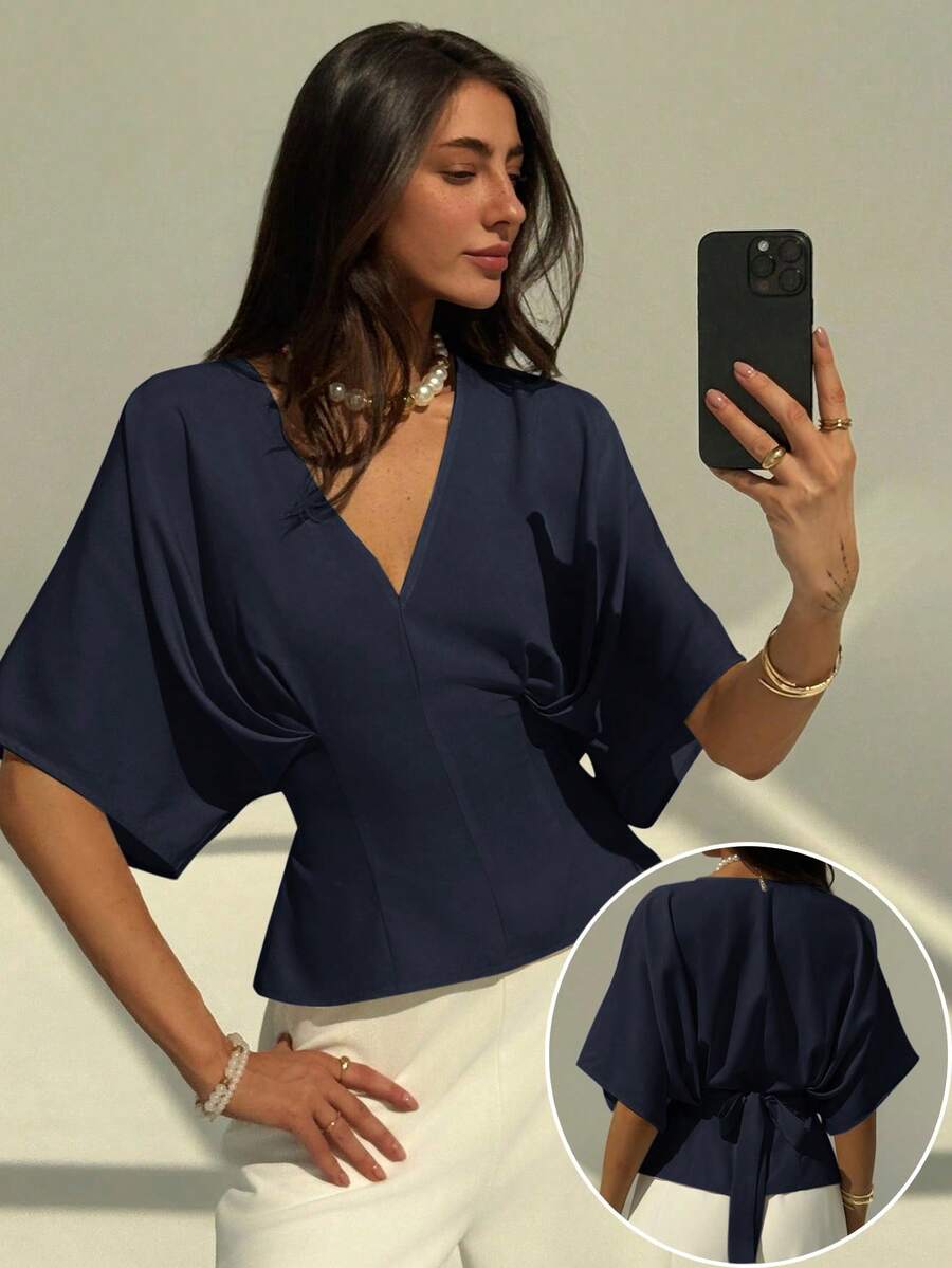 Aloruh Elegant Solid Color Crew Neck Short Sleeve Blouse, Minimalist Loose Fit, Bowknot Tie Back Design, Versatile For Office Commute, Apricot - Navy Blue - View 1