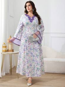 Al Najma Plus Size Women Floral Print V-Neck Long Sleeve Elegant Dress - Multicolor - View 6