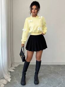 Elenzga Women's Autumn New Fashionable Minimalist Bow Decor Short Sweatshirt - Light Yellow - View 4