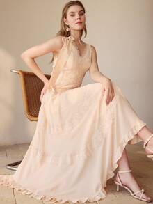 MOTF PREMIUM V领吊带优雅刺绣A字蝴蝶结连衣裙 - 藕粉色 - 查看 1