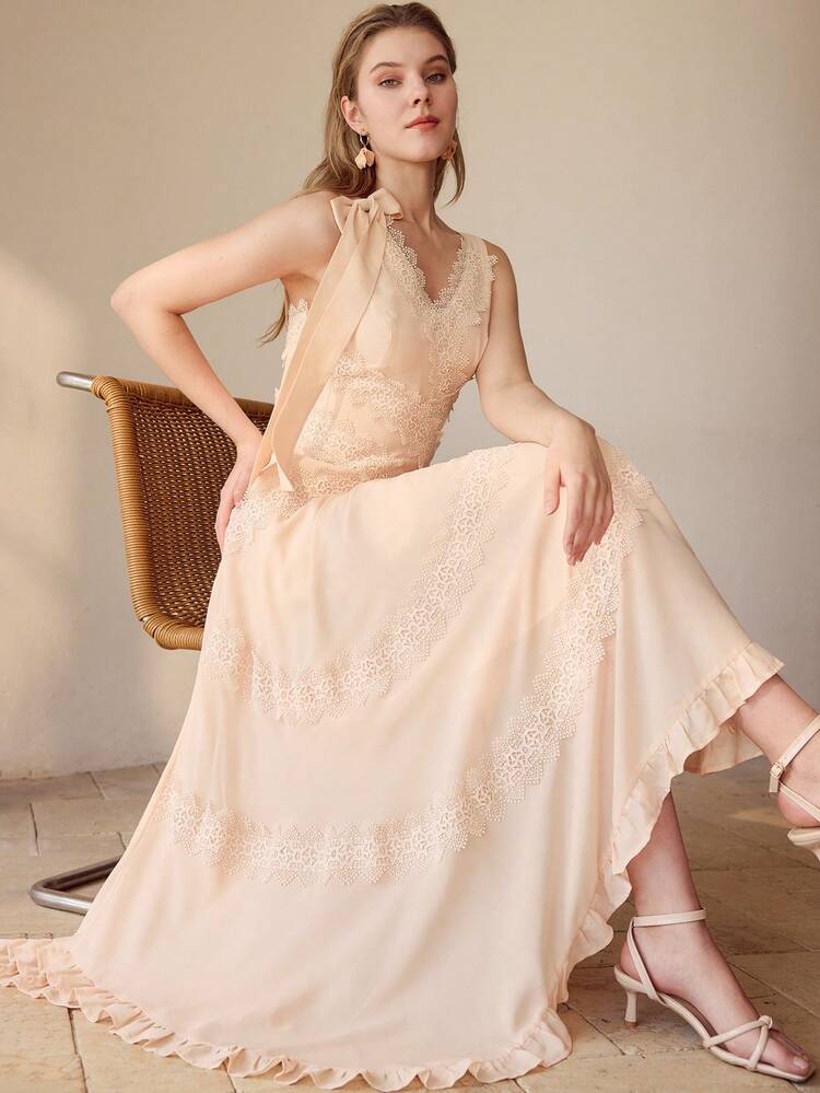 V-NECK STRAP ELEGANT EMBROIDERED A-LINE BOWKNOT DRESS