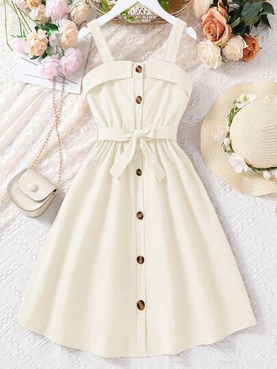SHEIN Sparklyn Tween Girl Collared Strap Button Waist Belt Casual Dress Ivory Dress Ivory Dress For Teen Girls