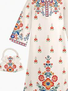 SHEIN 优雅简约波西米亚风儿童印花长袍，适合年轻女孩休闲舒适，优雅花卉刺绣印花V领宽松长袖连衣裙，适合春夏日常穿着、节日庆典、祈祷等场合，轻松舒适，休闲穿着，营造度假氛围，简约大方。 - 彩色 - 查看 8