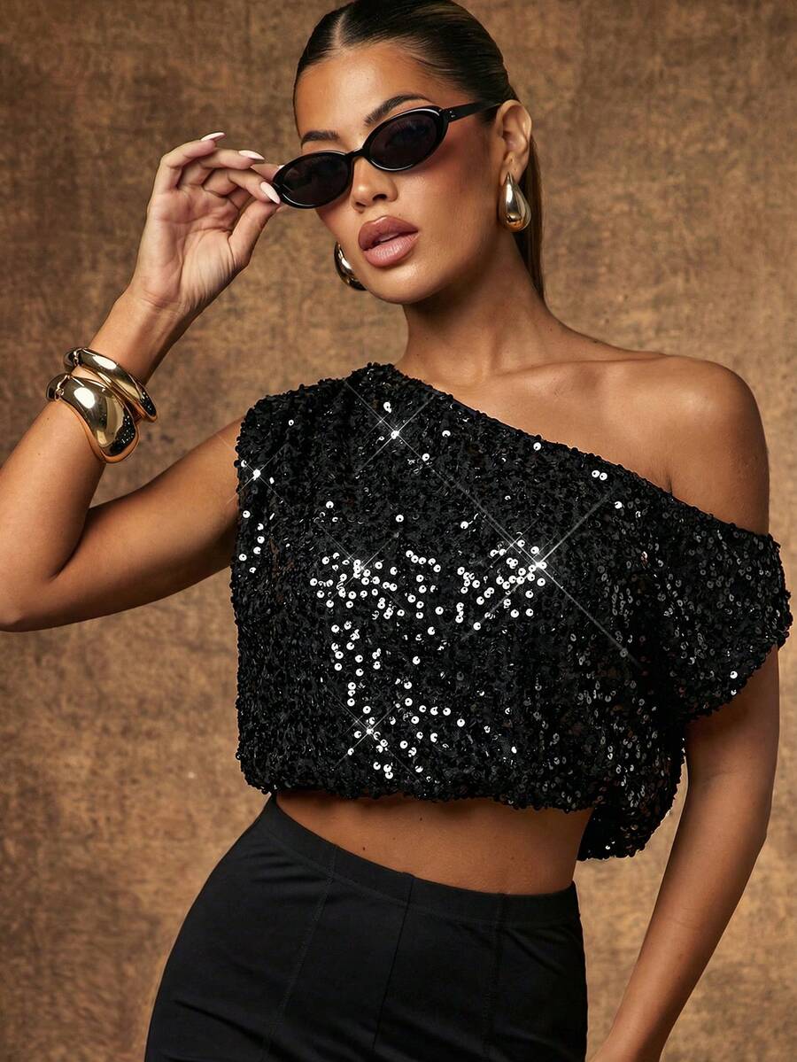 Hauture Blusa con un hombro, con pliegues y lentejuelas, para salir de noche - Negro - Ver 1