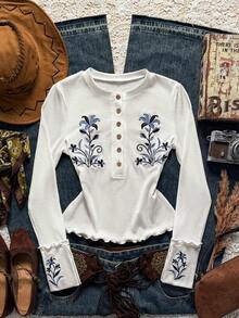 Easelle Women's Long-Sleeved Embroidered T-Shirt, White Top With Embroidered Pattern, Versatile Inner Layer.