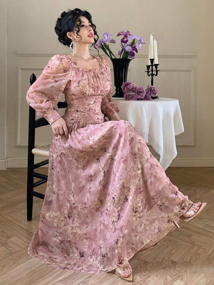 Spring&Summer Pink Floral All-Over Print Dress,Elegant,Autumn,Tea Party Wedding Formal Occasion,Fashion Slim Fit Long Sleeve Maxi Boho Chic Sundress