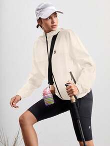 In My Nature Women's Contrast Trim Graphic Print Hooded Waterproof Outdoor Jacket - Beige - View 8