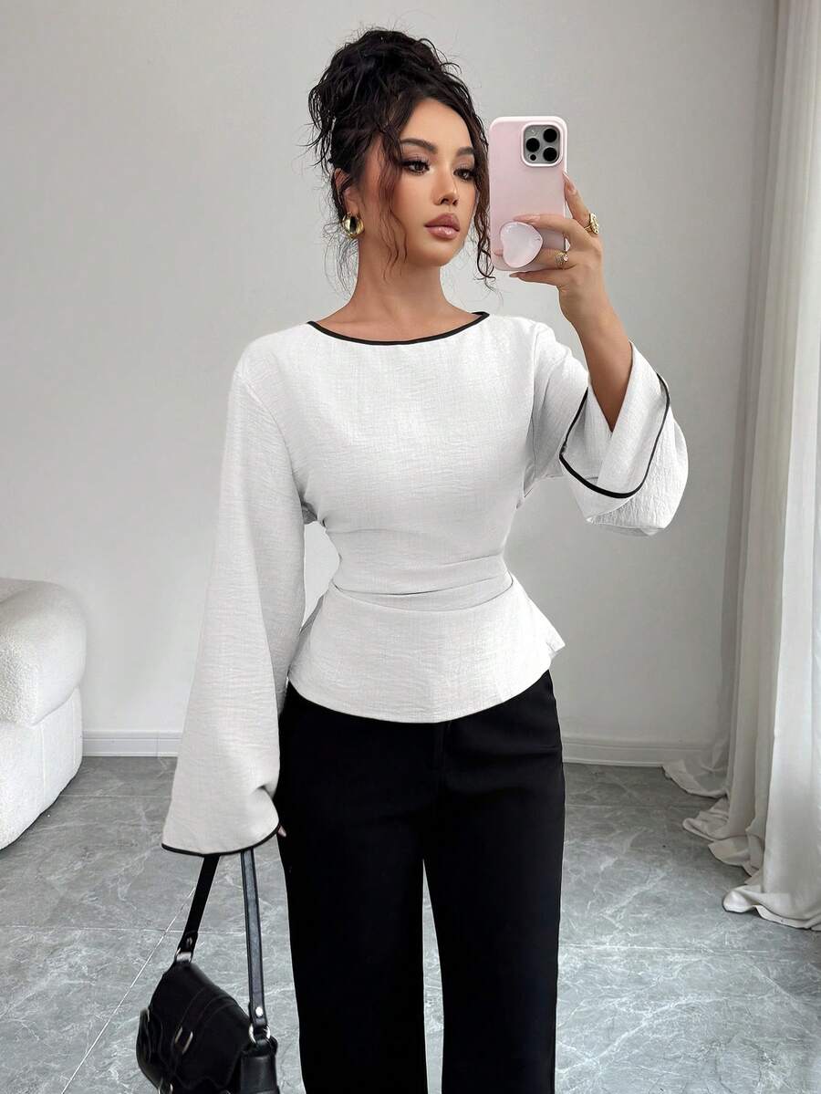 Siren Gaze Women's Elegant Flare Sleeve Tie Back Fitted Blouse, Suitable For Work And Commute, Spring/Autumn - White - View 1