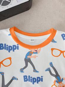 Blippi X SHEIN 男童休闲卡通图案圆领短袖T恤，夏季 - 白色 - 查看 3
