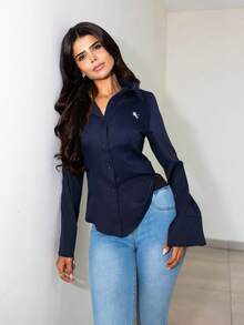 Hindelle 女式长袖衬衫，胸部和腰部有刺绣 - 藏蓝色 - 查看 6