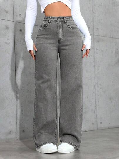 SHEIN ICON Enfärgade, fickdekorerade, avslappnade, mångsidiga raka jeans