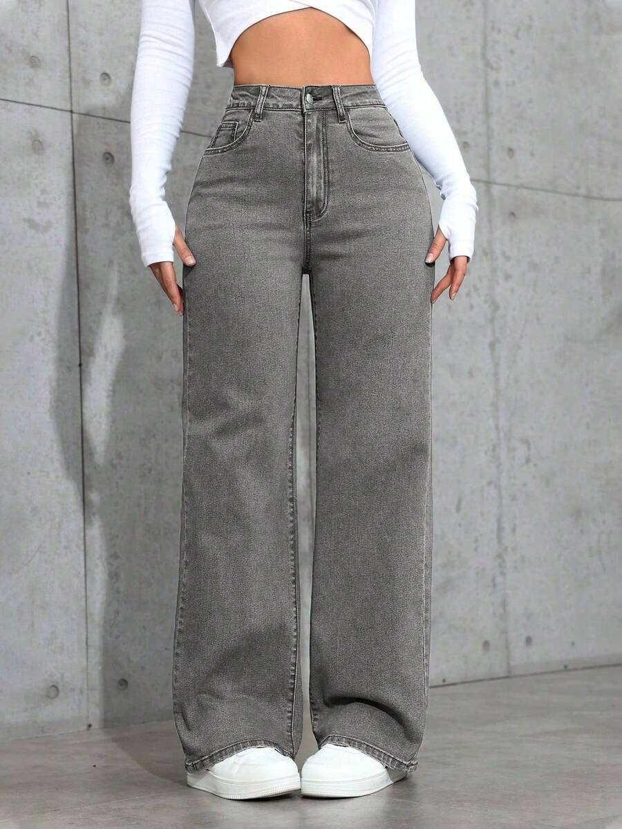 SHEIN ICON Plain Pocket Decorated Casual Versatile Straight-Leg Jeans