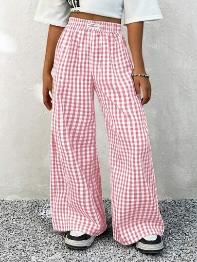 Coolane Kids Tween Girls Spring/Summer, Streetwear, Cute Pink And White Plaid Baggy Straight Pants,Comfortable With Pockets Straight Pants