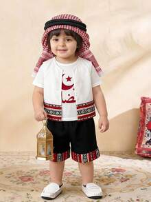 SHEIN 3pcs/Set Baby Boys Cute Knitted Short Sleeve T-Shirt, Colorblock Shorts, Vest Jacket Outfit, Suitable For Formal Occasions, Birthday Party, Rave, Evening Party, Performance, Wedding, Baby Shower, 1st Birthday Celebration - Multicolor - View 4