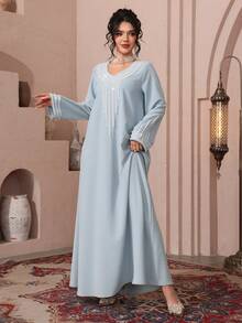 Al Najma Women's Loose Embroidered Beaded Robe For Ramadan - Dusty Blue - View 3