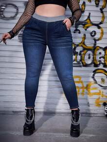 SHEIN ICON Plus Slant Pocket Elastic Waist Jeans - Dark Wash - View 1