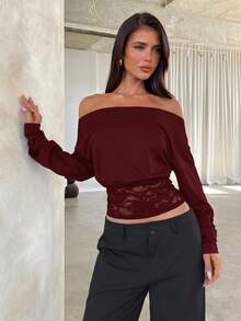 Aloruh Women's Contrast Lace Oblique Shoulder Long Sleeve Fashionable Elegant T-Shirt Lace Long Sleeve Top - Burgundy - View 6