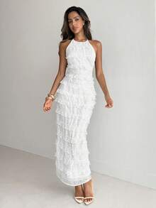 Aloruh Abito bianco in pizzo con scollo alla halter, adatto per feste e occasioni serali - Bianco - Visualizzare 3