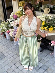 GalTyme 大码女式荷叶边腰带条纹阔腿宽松休闲裤 - 綠色 - 查看 7