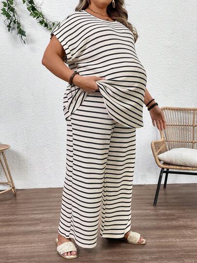 SHEIN 2pcs Maternity Plus Size Striped Round Neck Batwing Sleeve T-Shirt And Wide Leg Pants Casual Set Maternity 2 Piece Set Two Piece Set Women Plus Size Curve Two Piece Set